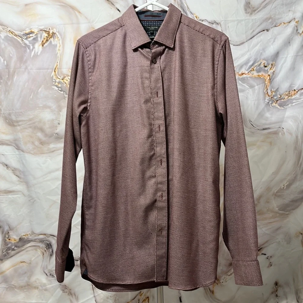 Mens Ted Baker London Long Sleeve Button Up Maroon and White Contrast Trim SZ 3 - Picture 1 of 11